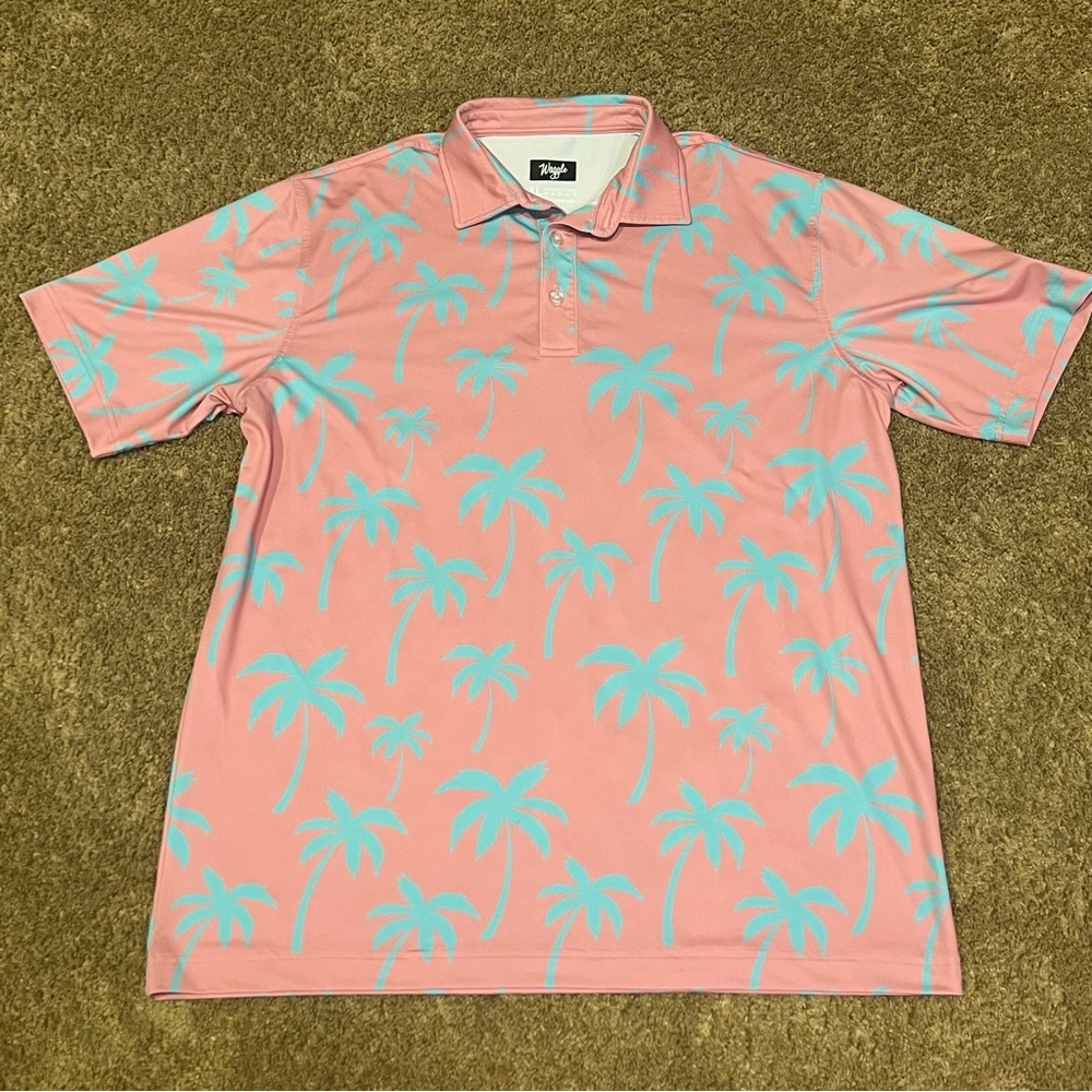 Waggle Golf Polo Shirt Pink Blue Palm Tree Short Sleeve Performance Men's Sz XL